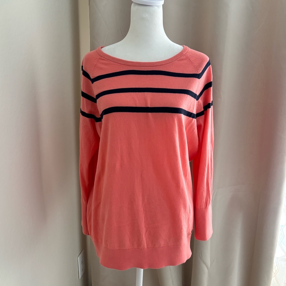 Nautica 100% Cotton Coral and Navy Striped Knit Top, size L